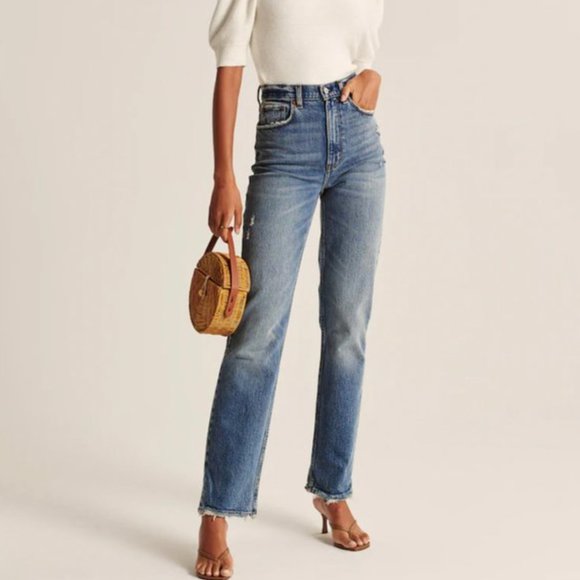 Abercrombie & Fitch Denim - ABERCROMBIE & FITCH 90's Ultra High Rise Straight Jean Distressed Medium {NN17}
